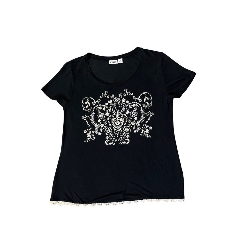Cato T-Shirt Womens M Used Black Beige Lace - Picture 3 of 13